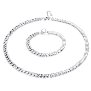 Silver Cuban link necklace and bracelet set with rectangular cubic zirconia stones