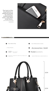 Detail view of the black handbag showing golden hardware and zippered back pocket
