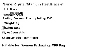 Detailed technical specifications for the crystal titanium steel bracelet with gold plating