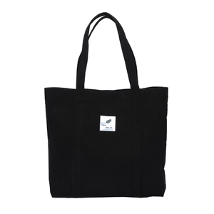 Large capacity black corduroy tote bag with white woven feather label for daily use
