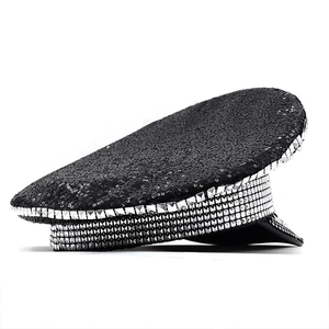 Military-style flat top hat with black sequins and silver rhinestones for parties