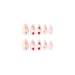 Pink checkerboard press-on nails set with heart, star, and smiley face almond design