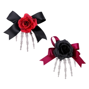 Halloween skeleton hand hair clips with decorative roses and ribbon bows in black and red