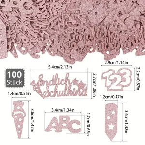 Detailed view of pink glitter school party confetti with size dimensions and 100 piece set