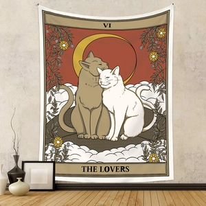 Close-up of Bohemian tapestry featuring a cat-themed The Lovers tarot card design