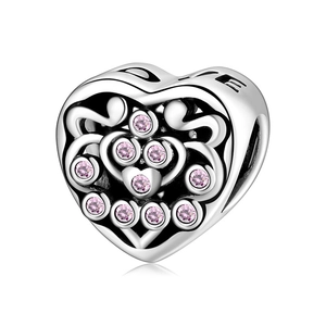925 Sterling Silver Heart Charm Pink Zircon Hollow Love Filigree Bead For DIY Bracelet Jewelry Making Women Gift