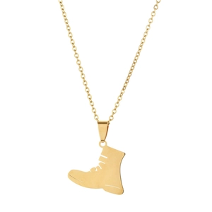 Collier avec pendentif botte en acier inoxydable doré et une chaîne à maillons fins
