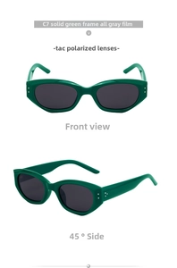 Detailed views of dark green cat-eye sunglasses with gray TAC polarized lenses