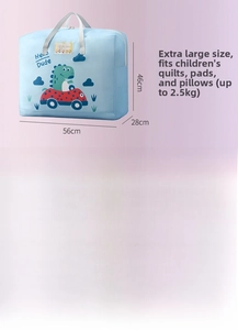 Detailed view of durable oxford fabric storage bag with dinosaur pattern and size chart