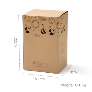 Space themed cardboard gift box for wooden stacking toys with dimensions and weight info