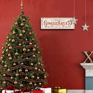 Vintage Christmas wooden sign with gingerbread theme on a red festive background