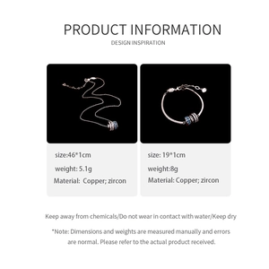 Detail view of copper and zircon necklace and bracelet set specifications and sizes
