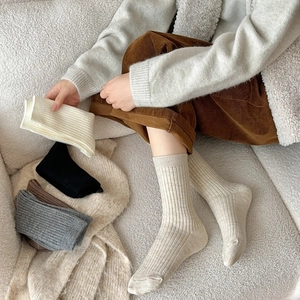 Detailed knit texture of wool-blend vertical striped crew socks in various colors