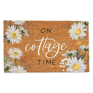 Detailed macro view of coir doormat texture with white daisy flowers and cottage text