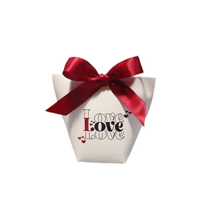 Romantic white wedding candy box with red ribbon and Love print for Valentine's Day favors