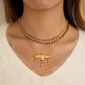 Three-layer 18K gold plated eagle pendant necklace with zircons on model