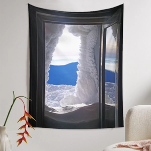 Macro detail of the high-quality 3D snow mountain landscape printed on the wall tapestry