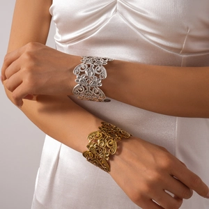 Hollow flower wide metal cuff bracelet in gold and silver finish for women