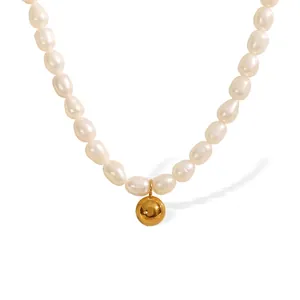 Freshwater Pearl Necklace With Stainless Steel Gold Ball Pendant Elegant Clavicle Chain For Women Fashion Jewelry