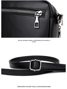 Detail of high-quality hardware zipper and adjustable leather shoulder strap on black bag