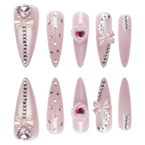 Pink cat-eye press-on nails with 3D bows, pearls, and heart diamonds in 10-piece set