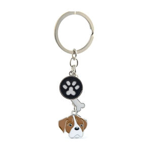Porte-clés en métal argenté avec tête de Boxer, breloque patte et pendentif os blanc