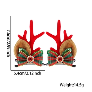 Christmas Reindeer Antler Hair Clips with Flocked Ears and Green Red Plaid Bows for Women