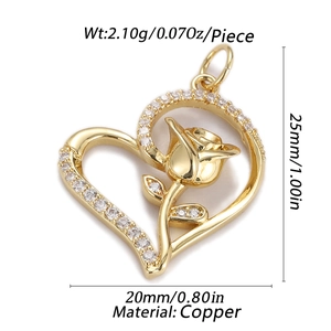 Luxury 18K gold plated copper heart pendant with rose design and zircon crystals