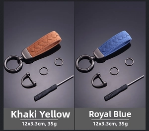 Detail of khaki and blue braided suede car keychains with gunmetal hardware sets