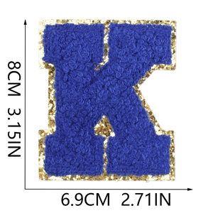 Detail showing royal blue and gold chenille letter K patch with size dimensions in cm and inches