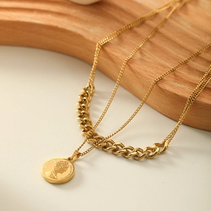 Layered Necklace 18K Gold Plated Stainless Steel Curb Chain Round Coin Pendant Portrait Retro Antique Style For Women