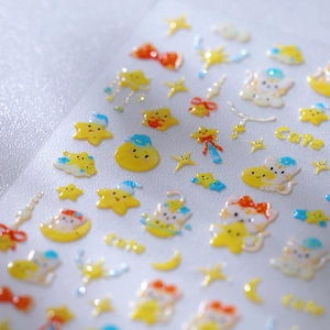 3D cute cat nail stickers with yellow epoxy resin stars and moon patterns