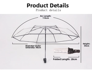 Dimensiones detalladas del paraguas plegable transparente con 98cm de diámetro y 28cm plegado