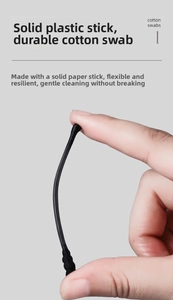 Close-up of flexible 2-in-1 black cotton swabs with solid sticks for precise cleaning
