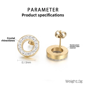 Detail view of 13mm gold stainless steel hollow round stud earrings with crystals
