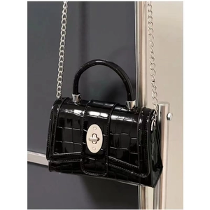 Glossy black crocodile-pattern chain handbag with silver twist lock and metal handle