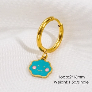 Detail of 16mm gold hoop earring featuring a cute blue smiling cloud pendant charm