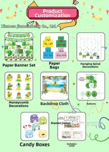 Close-up of summer party kit including tropical fruit paper bags and themed banners