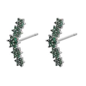 Detailed side view of silver floral stud earrings with cluster of green crystals