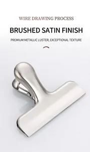 Macro shot of silver stainless steel food bag clip with a professional brushed metal finish