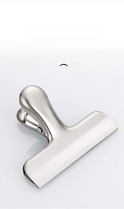 Macro shot of silver stainless steel food bag clip with a professional brushed metal finish