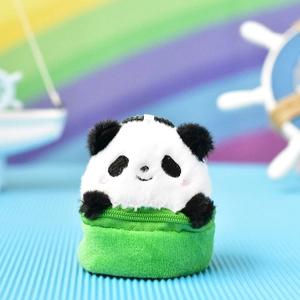 Detailed close-up of a cute panda plush coin purse keychain with a green zippered pouch