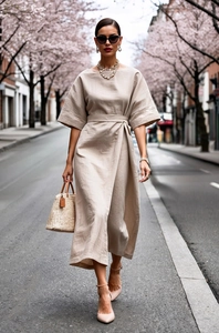 Outdoor street shot of a beige linen dress featuring kimono sleeves and a tied waist belt