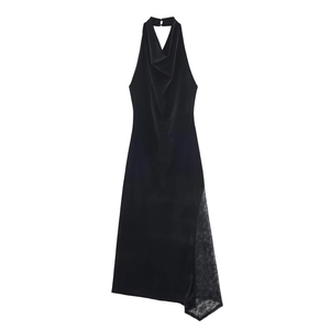 Velvet Lace Midi Dress Halter Neck Deep V Sleeveless Evening Party Social Elegant For Women