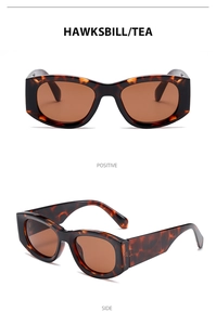 Detail view of tortoiseshell rectangle sunglasses with tea lenses from multiple angles