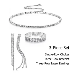 Three-piece rhinestone set with choker necklace, wide bracelet, and fringe earrings