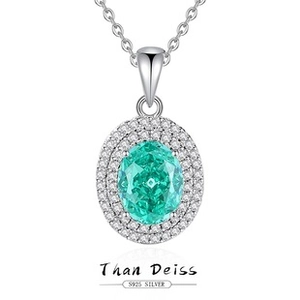 Macro shot of S925 silver necklace featuring an oval Paraiba gemstone with double diamond halo