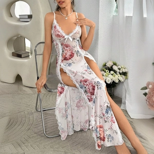 Nuisette Sexy Et Culotte À Imprimé Fleuri Pour Femmes Dentelle Col En V Fente Haute Robe De Nuit Chiffon Homewear