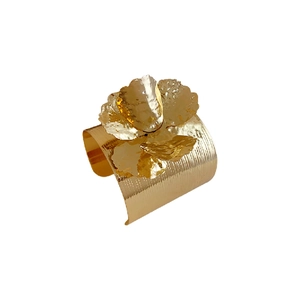Chic gold-tone metallic floral open cuff bracelet with textured hammered finish style