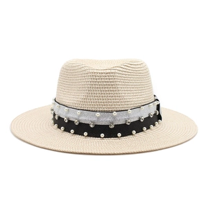 Detailed straw hat band with silver sequins, black trim, and faux pearl accents